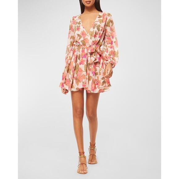 MISA Caria sonora flora Blouson Sleeve Tie Waist Mini Dress Floral Multicolor L - Picture 1 of 12